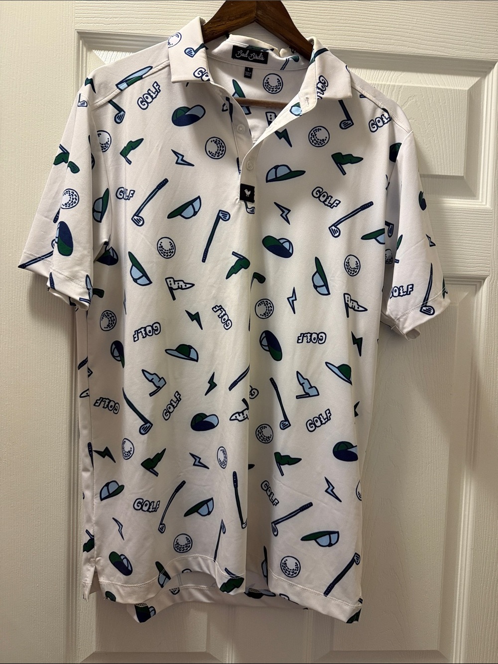 Bad Birdie White Golf-Print Polo with Blue & Green Accents large EUC